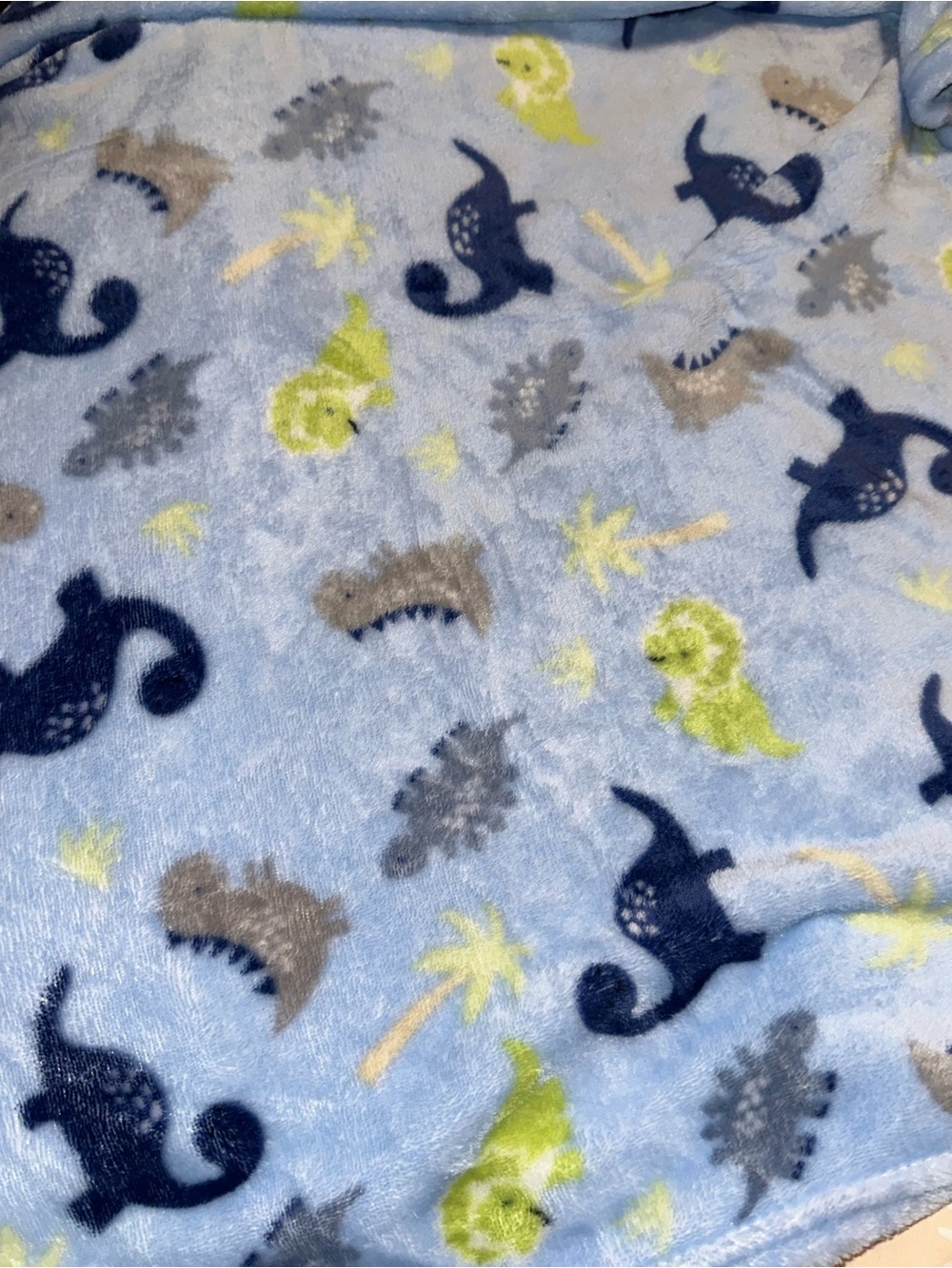 Plush Baby Blanket with Blue, Navy, Gray & Lime Dinosaur Print